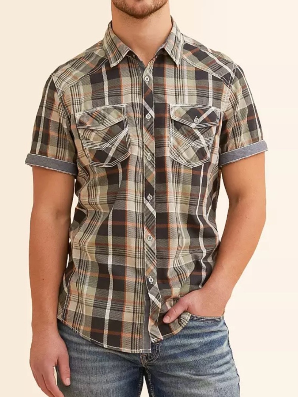 BKE Plaid Western Button Front Shirt Men’s Large Oatmeal Green Grey Short Sleeve